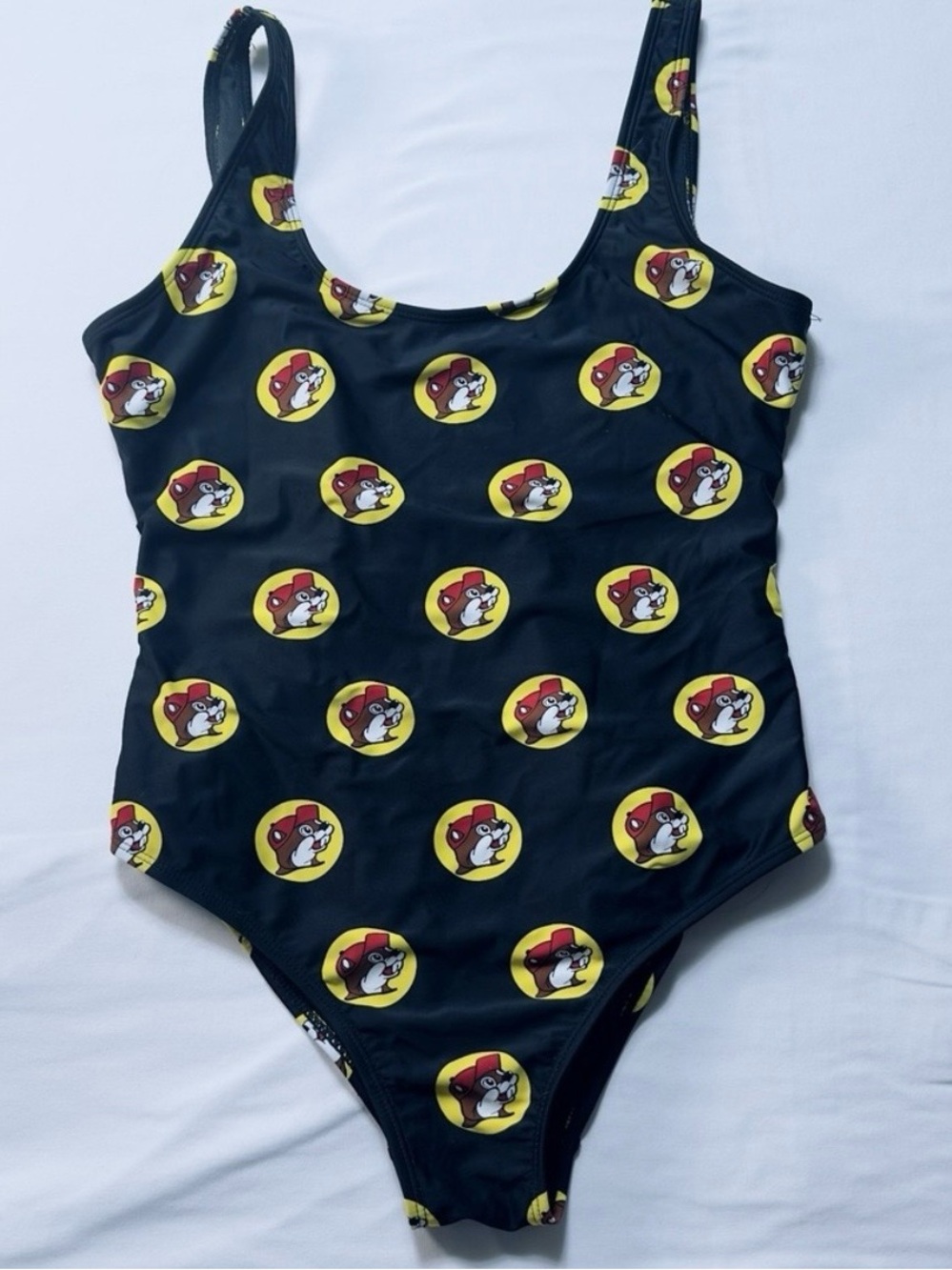 Black One-Piece Swimsuit with Yellow Logo Print